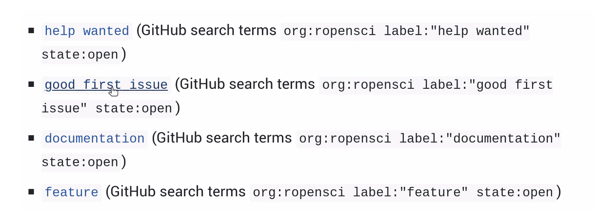 Alternative issue labels from Steffi's talk: help wanted; good first issue; documentation; feature