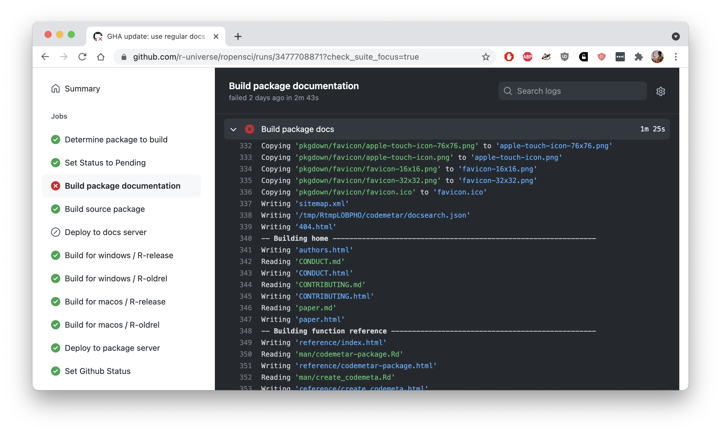 Screenshot of a workflow that shows in red that the documentation has failed to build