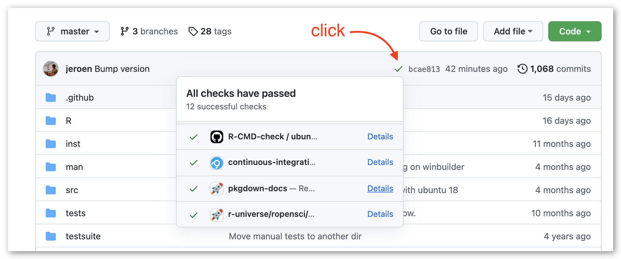 Screenshot of a GitHub repository after clicking on the green arrow next to the hash of the latest commit. This opened a small card with different checks including the docs building status.