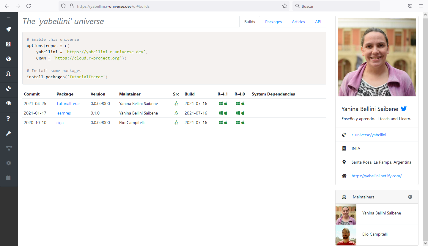 El panel personal tiene 3 columnas, el menú de la izquierda es el mismo que en la bienvenida, al medio el listado de paquetes y a la derecha mi perfil sacado de github.  Debajo de mi perfil un listado de las otras personas que mantienen los paquetes que tengo en mi r-universe.
