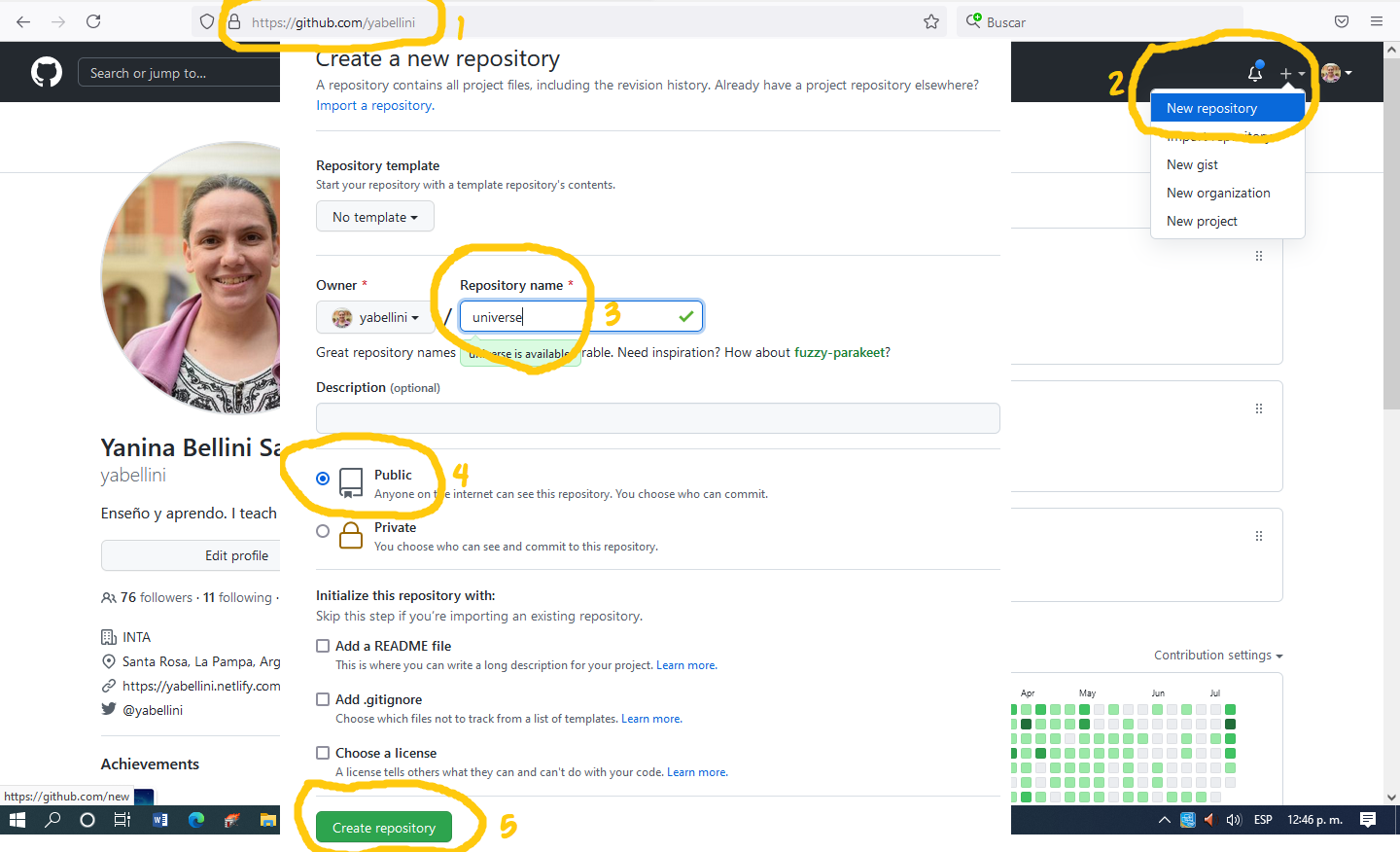 Ventana de github para crear un repositorio nuevo con los pasos 1 a 5 que se explican en el texto debajo de esta figura marcado en la imágen.