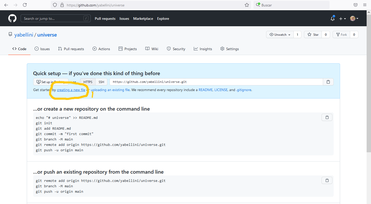 página de github con las opciones: Quick setup - si ya hiciste esto antes, creá un nuevo repositorio desde la línea de comando ó push un repositorio existente desde la linea de comando. La opción creatin a new file está resaltada.