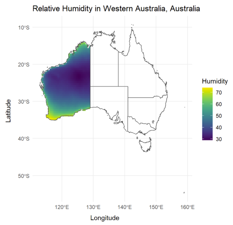 An outline map of Australia and its states. The area of Western Australia is coloured by its relative humidity, with the coastal regions colored in yellow showing higher relative humidity, and the central region of Australia colored in dark blue showing much lower relative humidity.