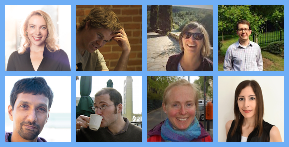 Editorial team. From left to right and top to bottom: Brooke Anderson, Scott Chamberlain, Anna Krystalli, Lincoln Mullen, Karthik Ram, Noam Ross, Maëlle Salmon, Melina Vidoni.