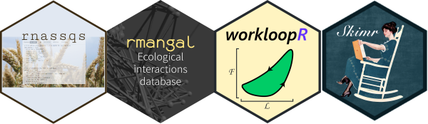 hex logos from rnassqs, rmangal, workloopR, skimr packages